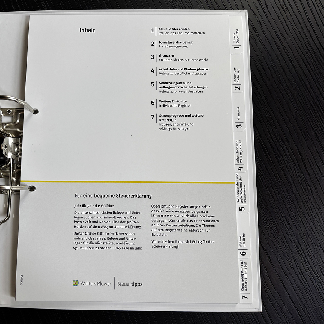 Produktbild des SteuerOrdners, Inhaltsverzeichnis
