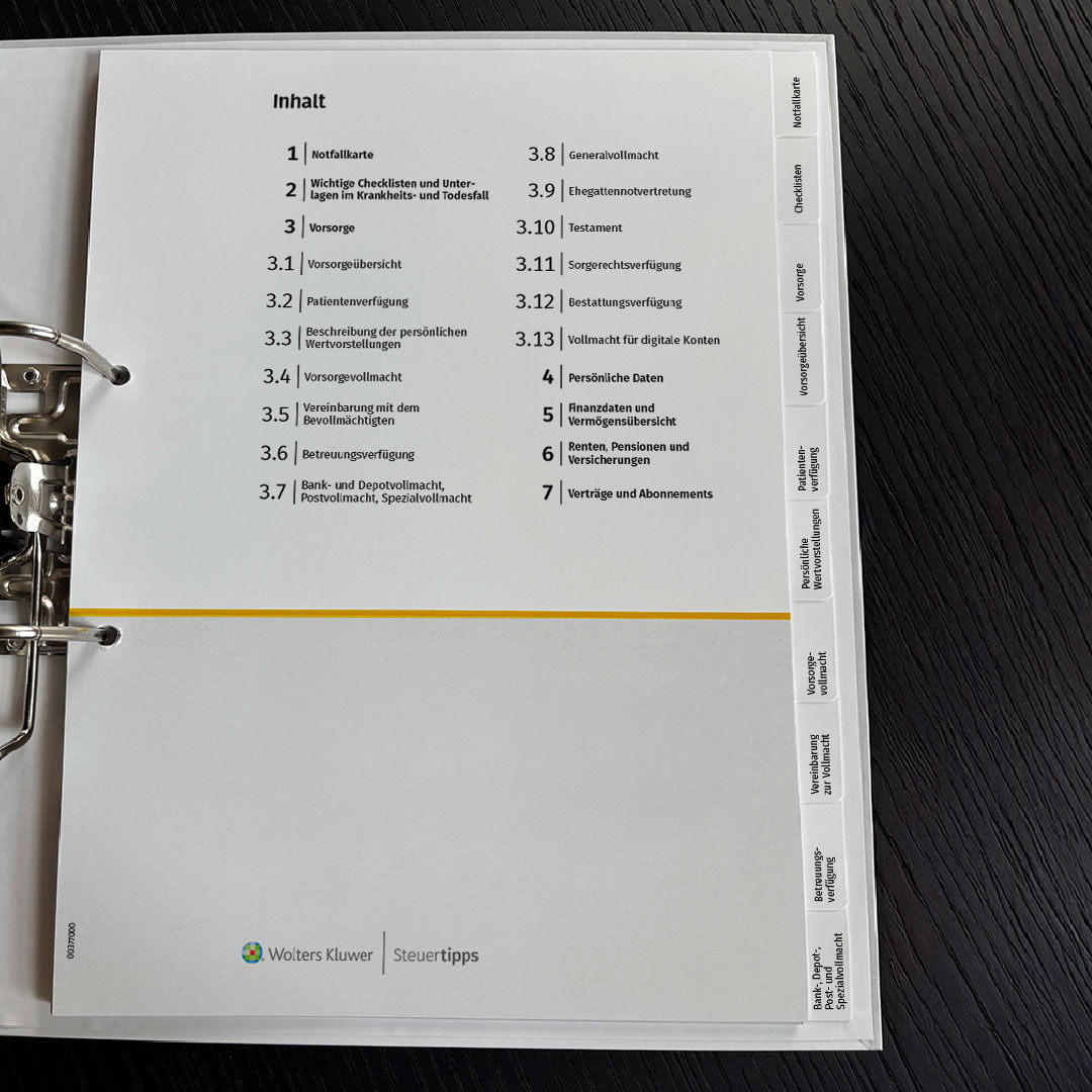 Produktbild des VorsorgeOrdners, Inhaltsverzeichnis