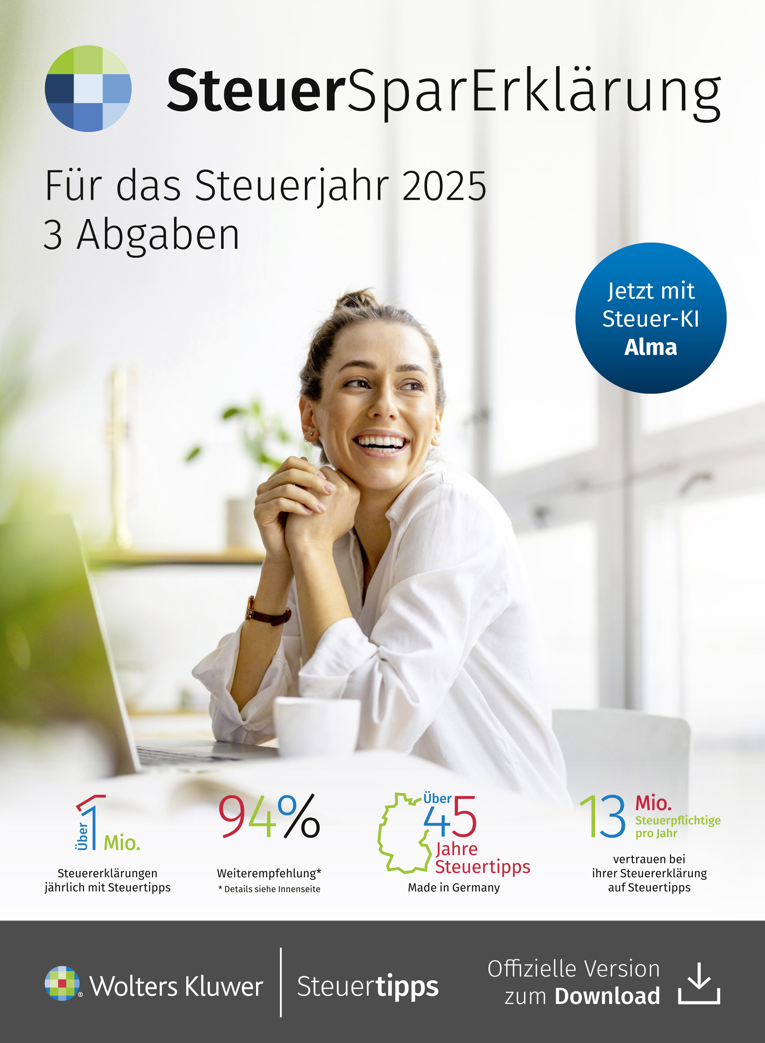 SteuerSparErklärung für das Steuerjahr 2025 mit 3 Abgaben und integrierter Steuer-KI Alma. Steuersoftware zur Erstellung mehrerer Steuererklärungen für das Steuerjahr 2025