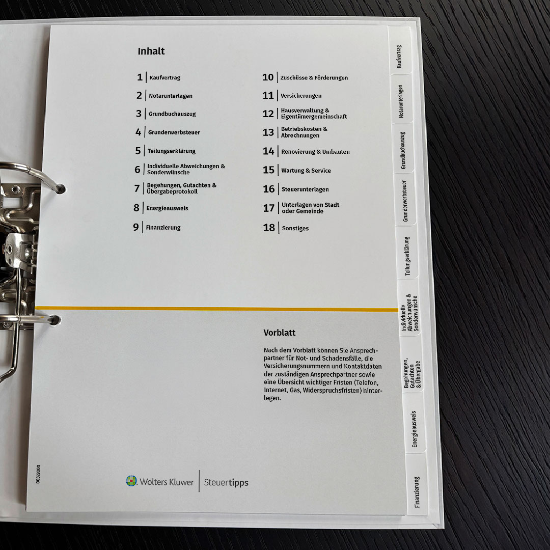 Produktbild des HausOrdners,  Inhaltsverzeichnis