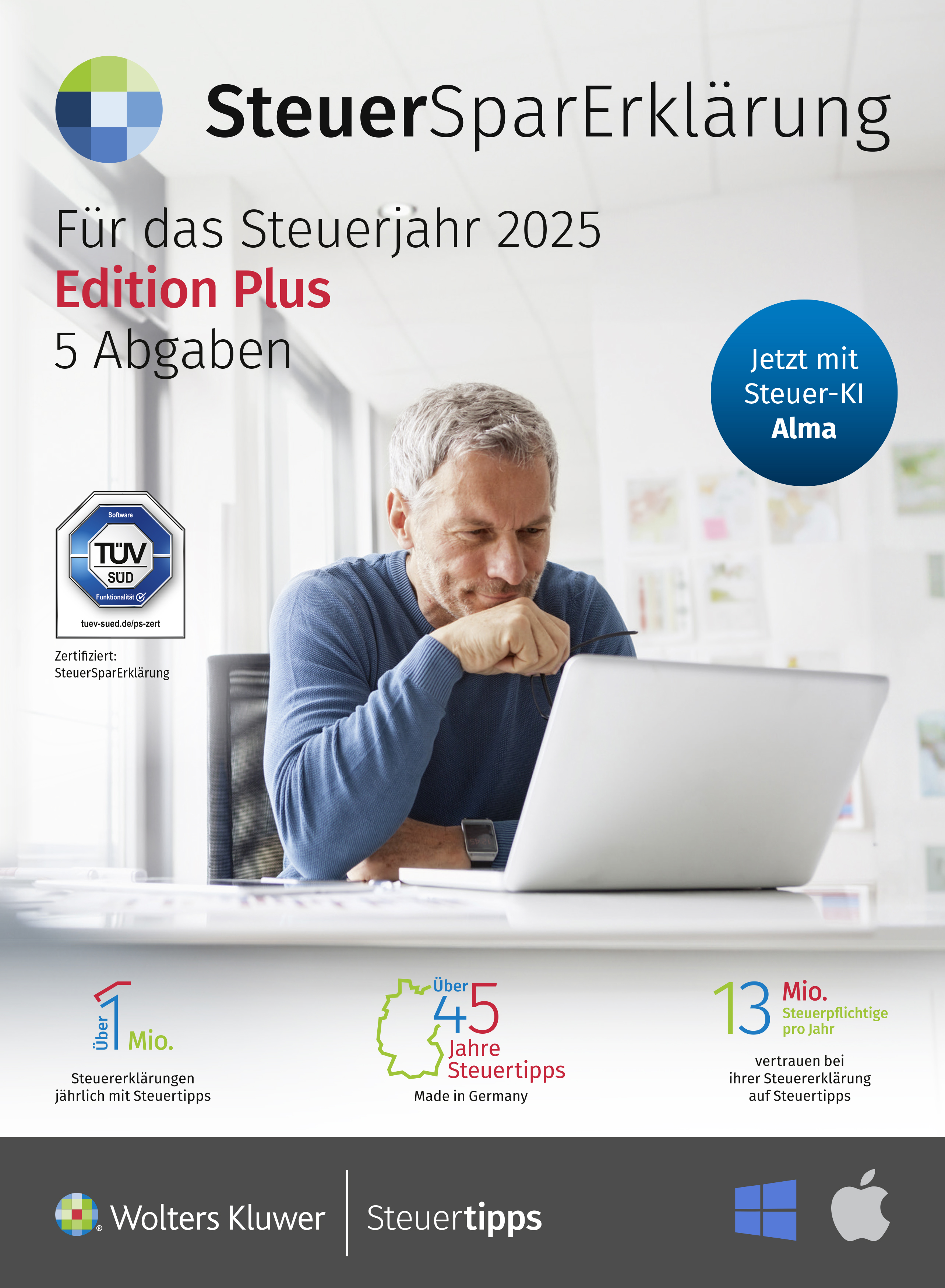 SteuerSparErklärung Plus für das Steuerjahr 2025 mit 5 Abgaben und integrierter Steuer-KI Alma. Steuersoftware zur Erstellung mehrerer Steuererklärungen für das Steuerjahr 2025